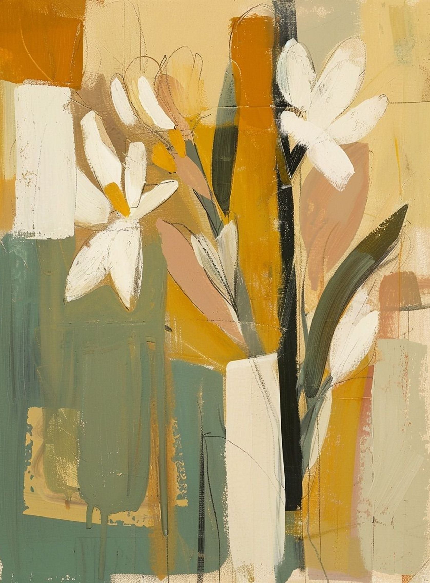 White flowers in ochre blocks