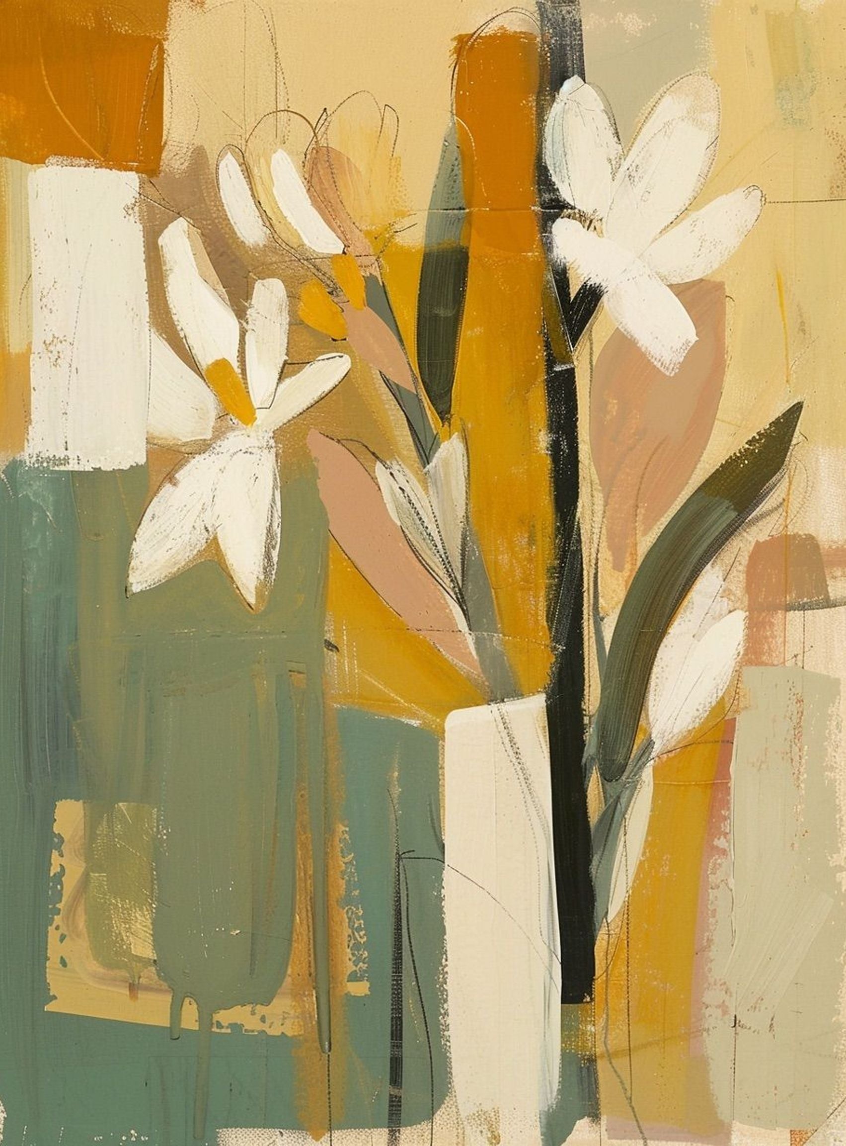 White flowers in ochre blocks