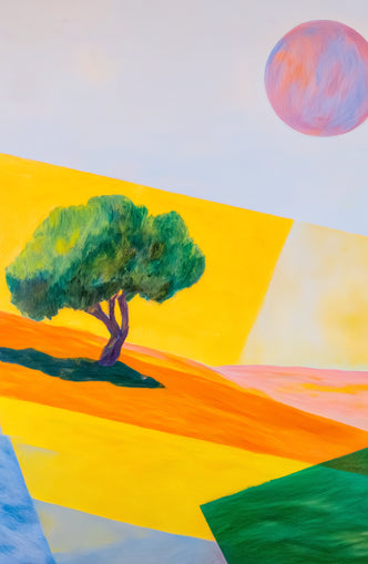 Pink sun over yellow hills