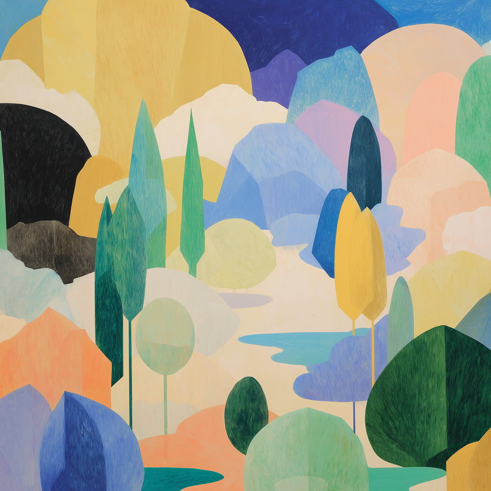 Ponds among pastel hills