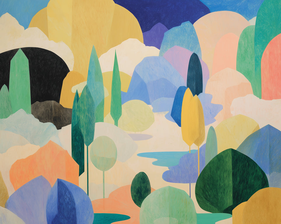 Ponds among pastel hills
