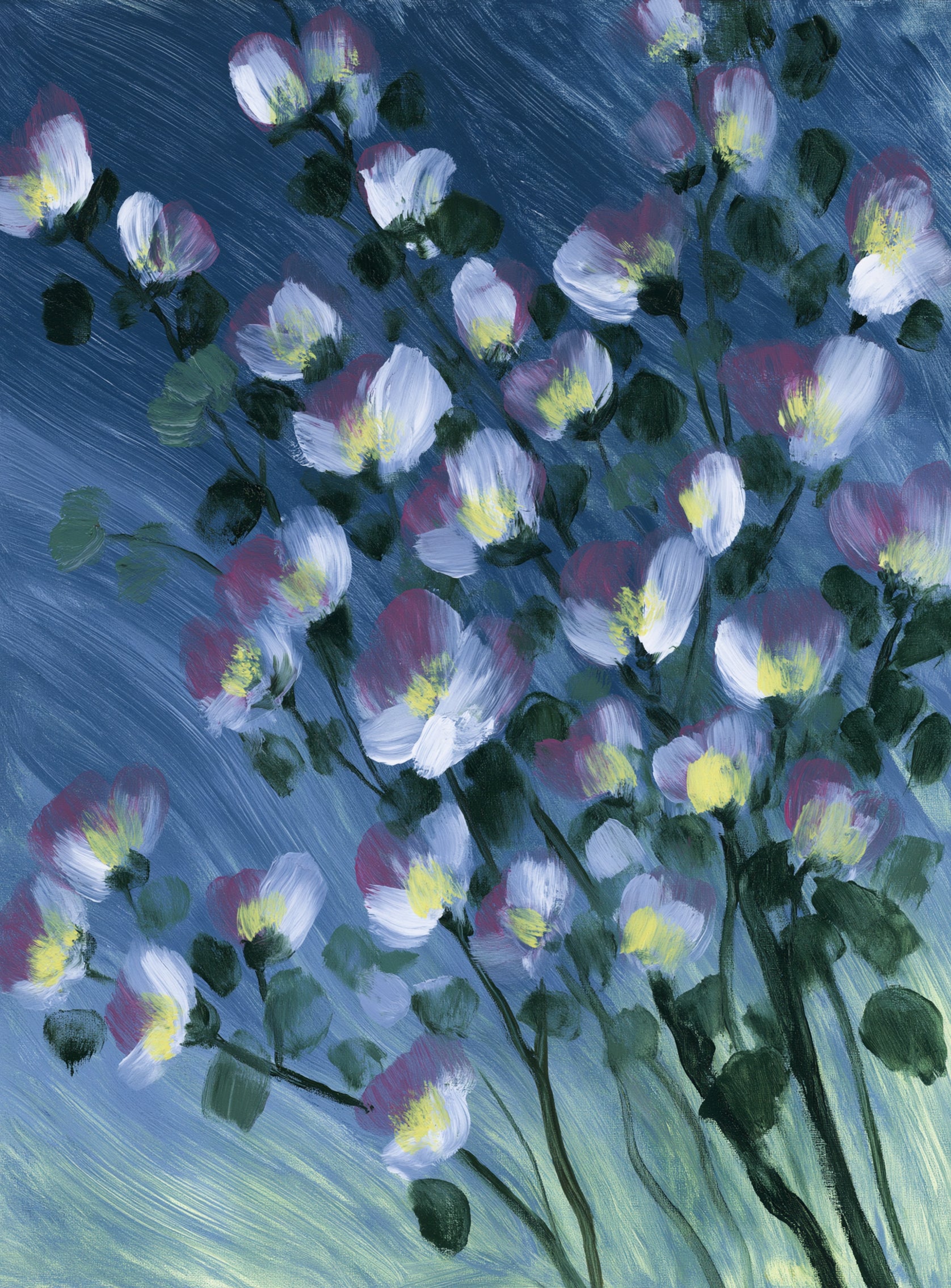 White blossoms on blue field
