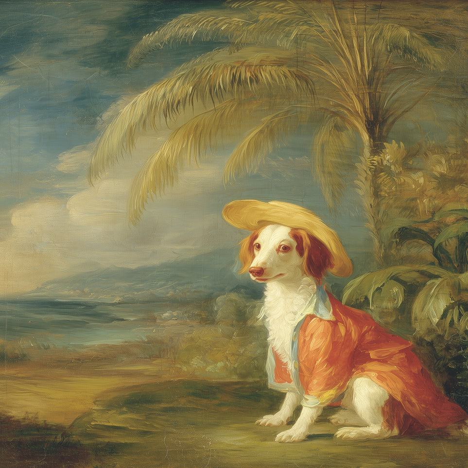 A hatted dog by the sea