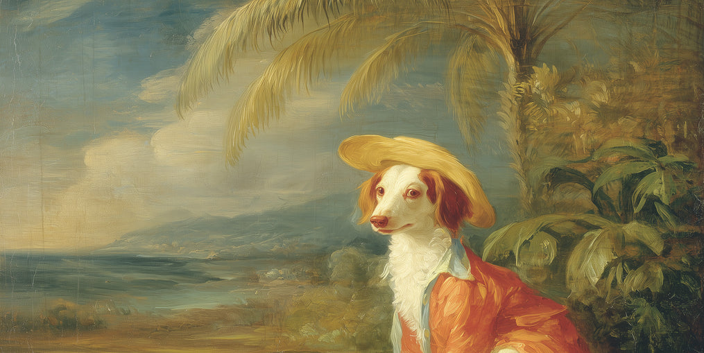 A hatted dog by the sea
