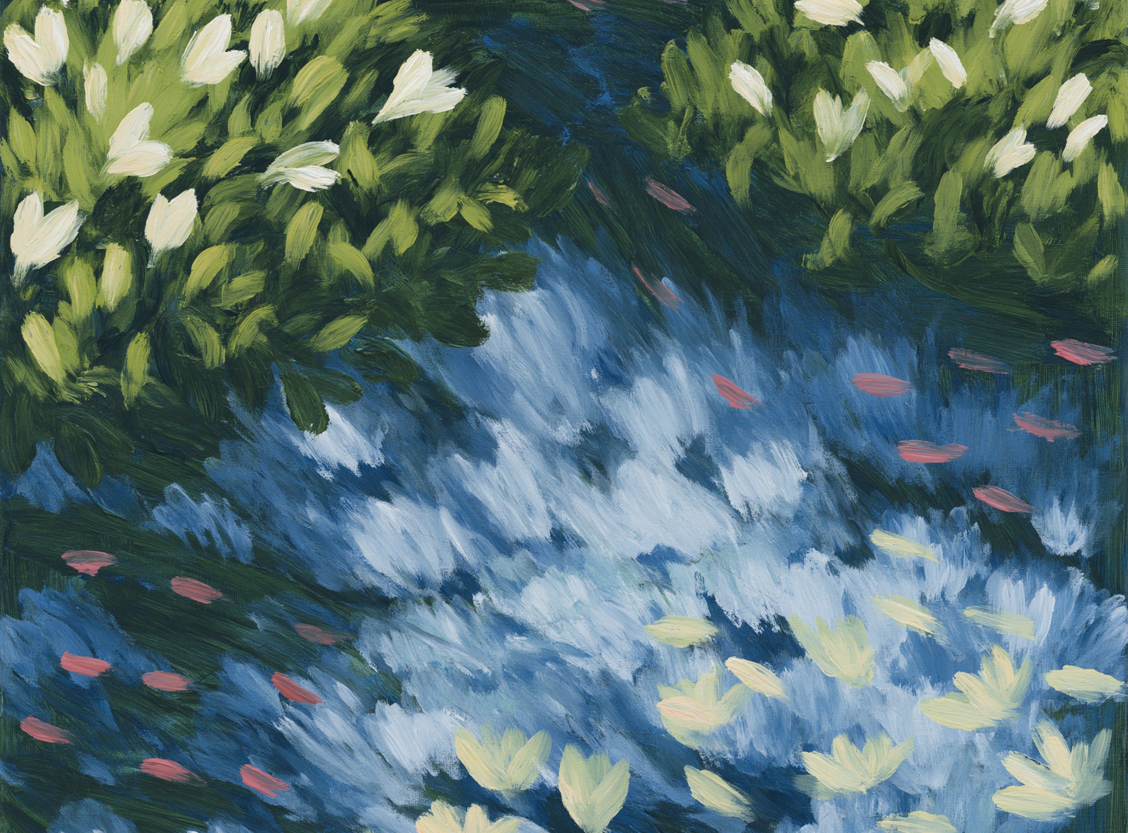 Water lilies over passing fish