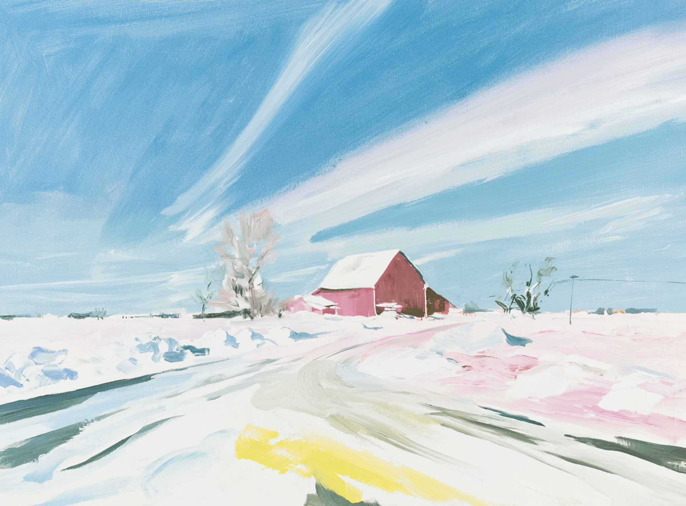 White sky over red barn