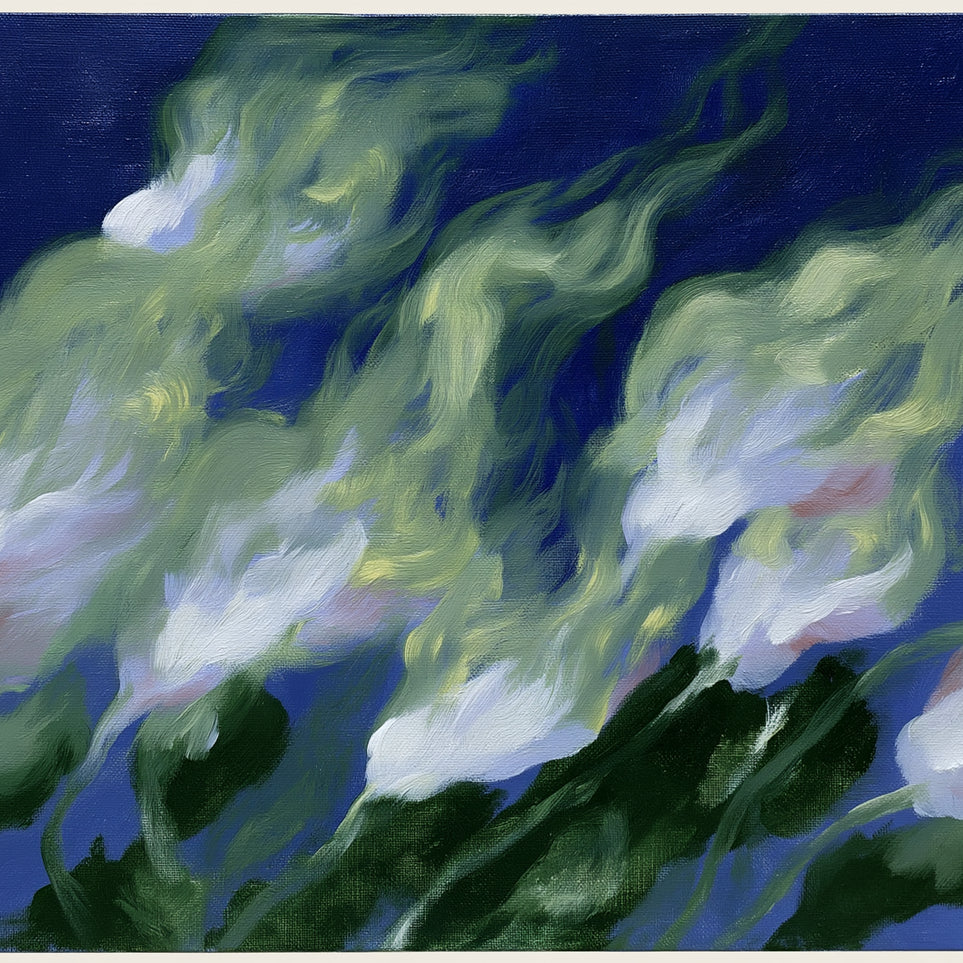 Pale flowers across blue field