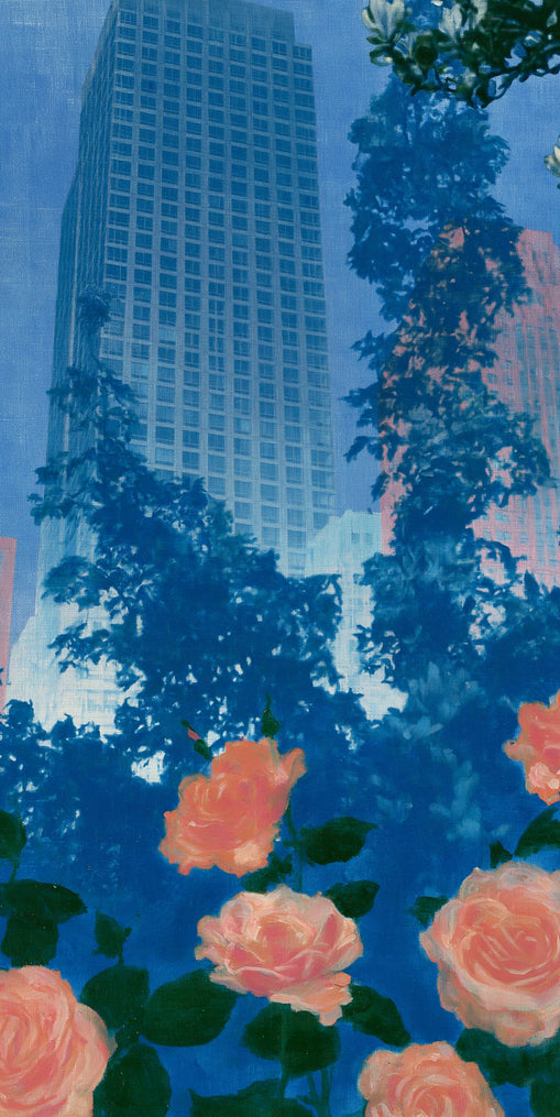 Pink roses below skyscrapers