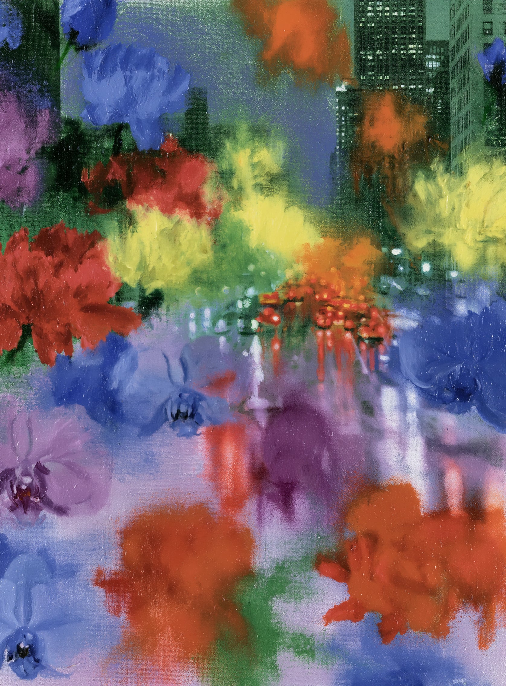 Neon traffic under painted blooms