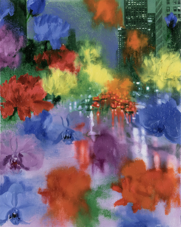 Neon traffic under painted blooms