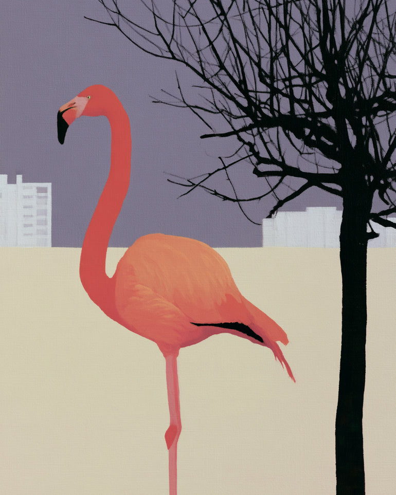 A flamingo beside the bare tree