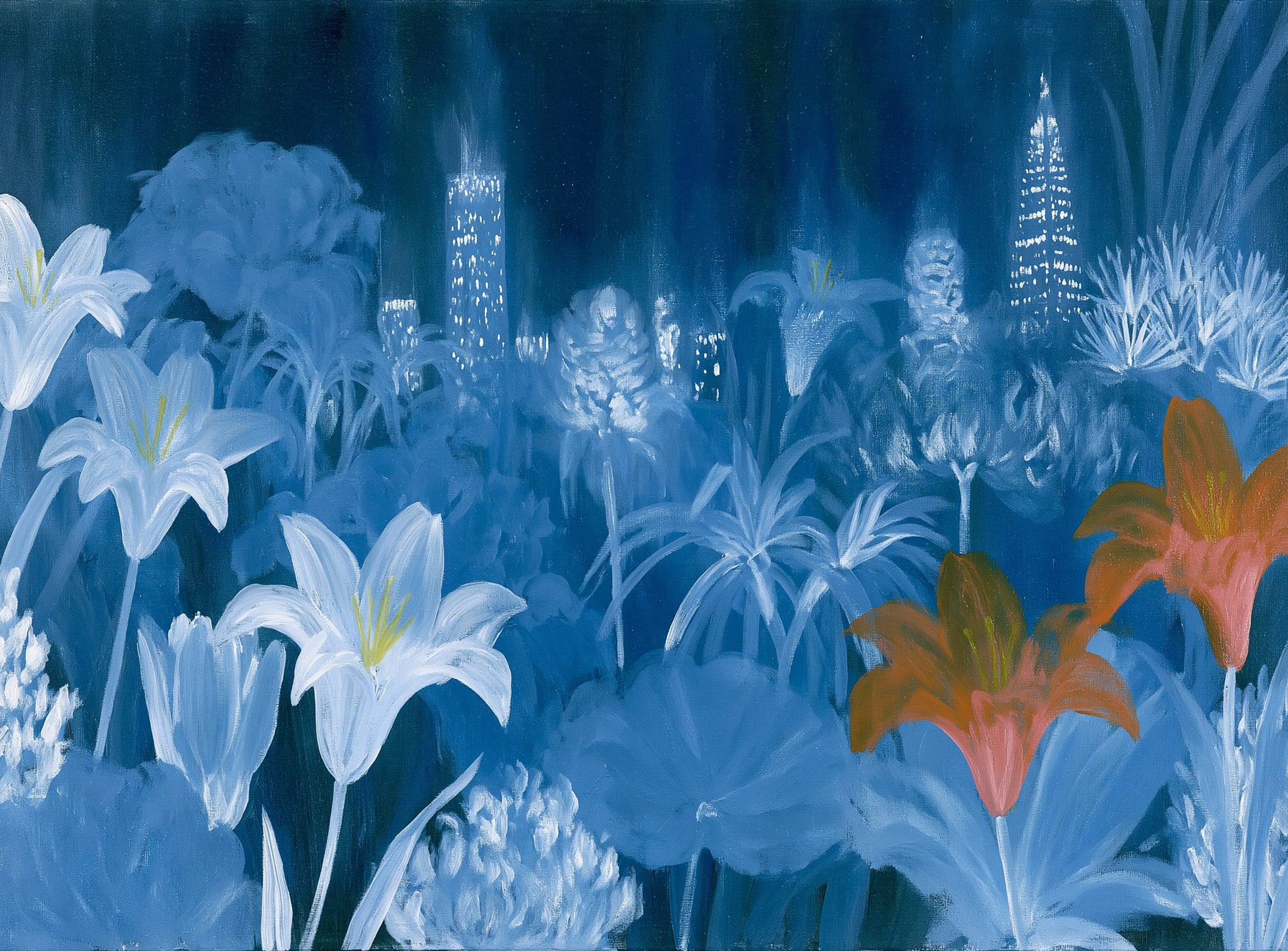 City lights behind lilies