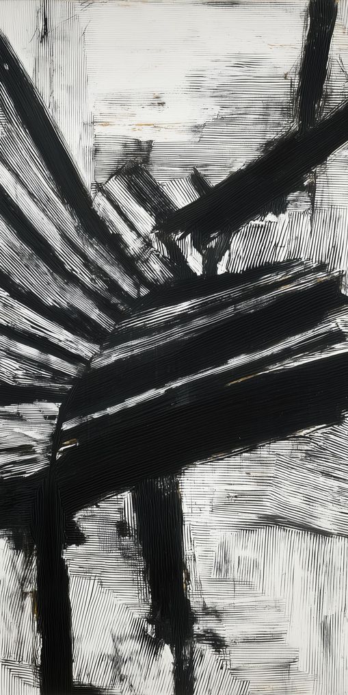 Non-Representational: Thick black brushstrokes cross and stack over a white surface filled with fine scratched lines.