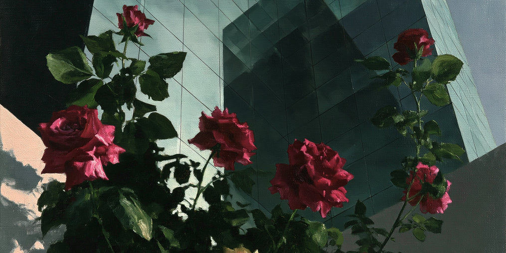 Roses against glass towers