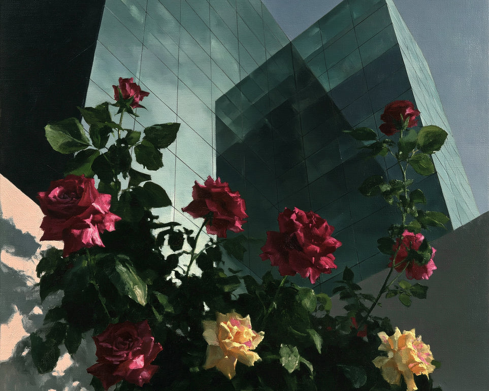 Roses against glass towers
