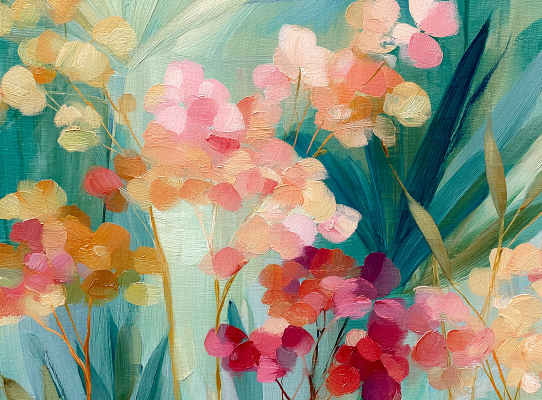 Flowers among teal leaves