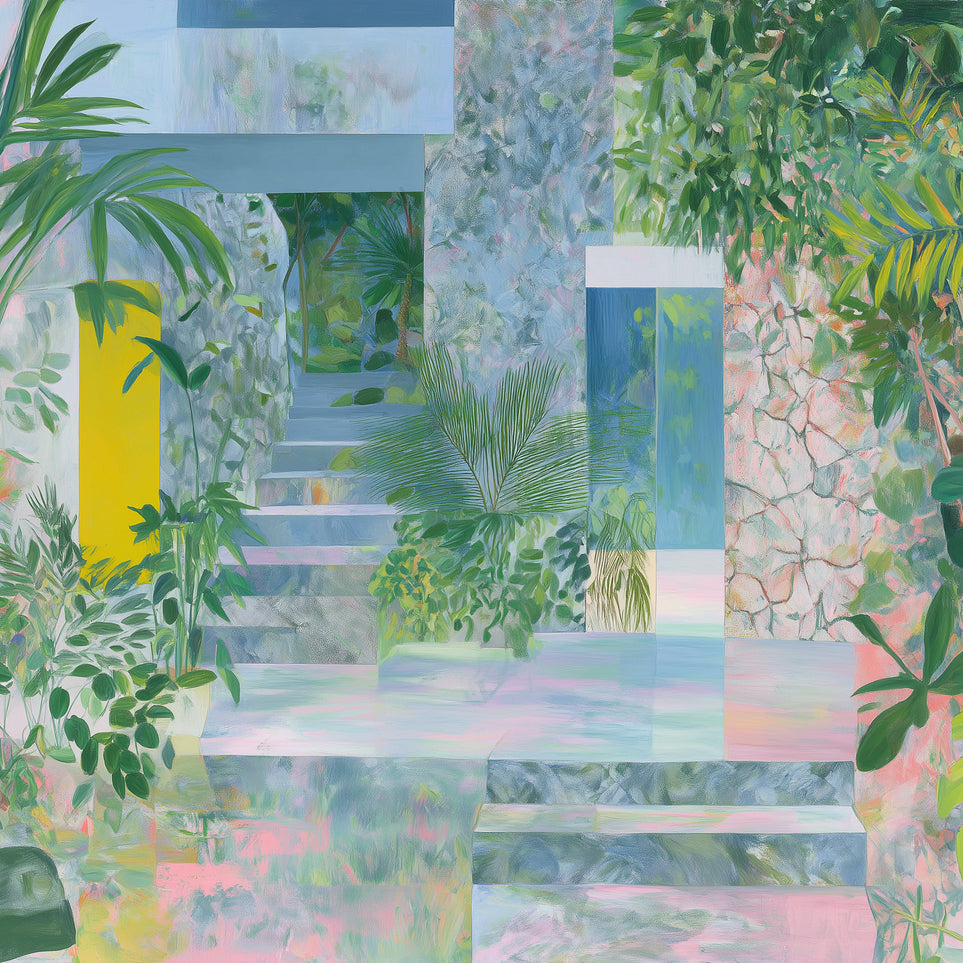 Pastel stairs between yellow and blue doors