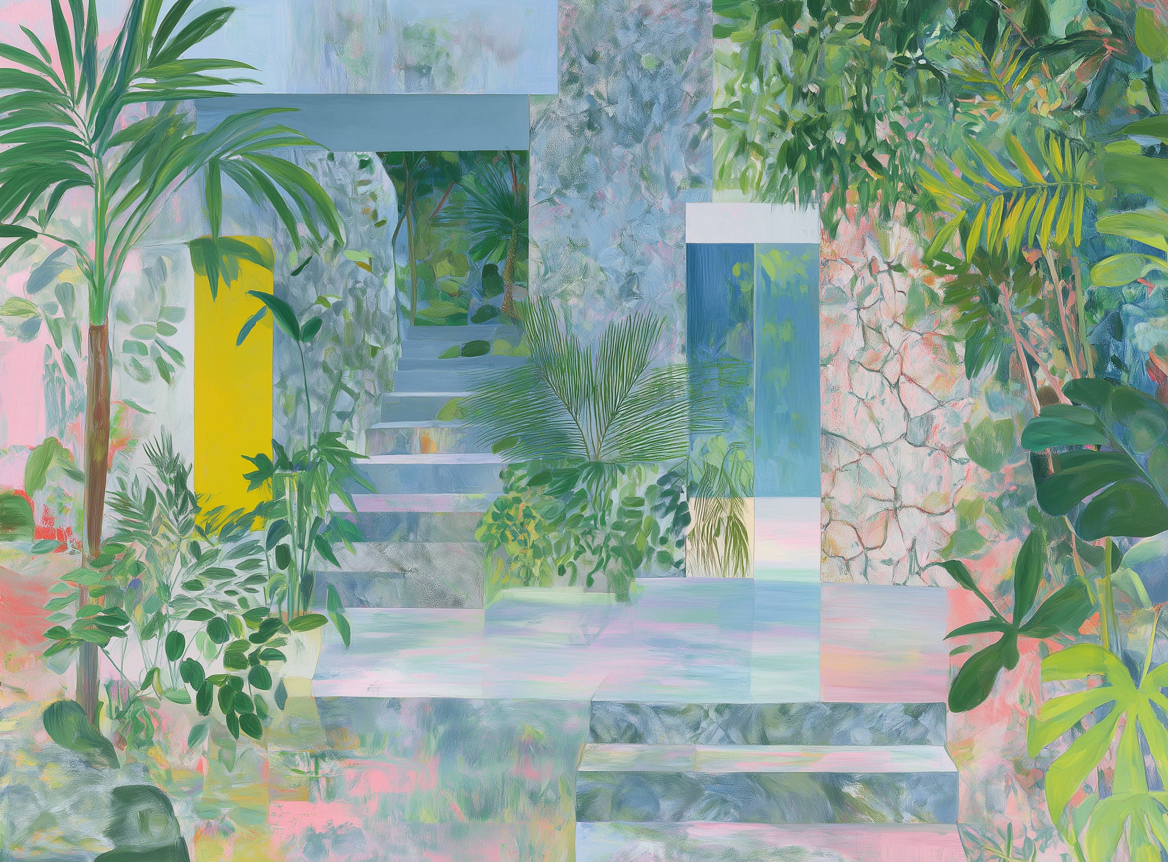 Pastel stairs between yellow and blue doors