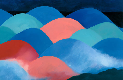 Pink moon among blue hills
