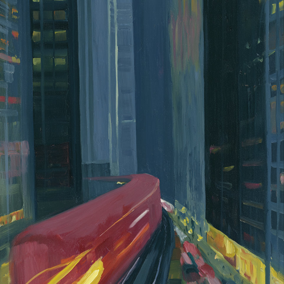 Red train in blue towers