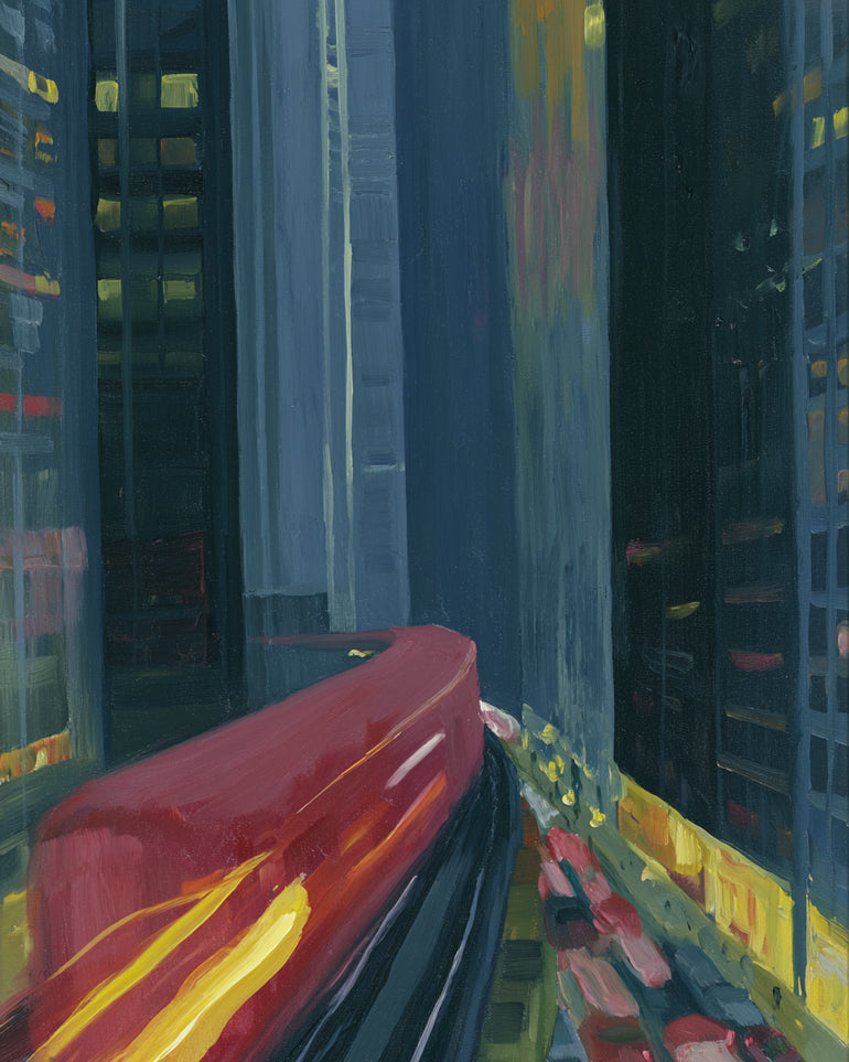 Red train in blue towers