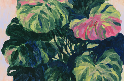 Pink light on green leaves