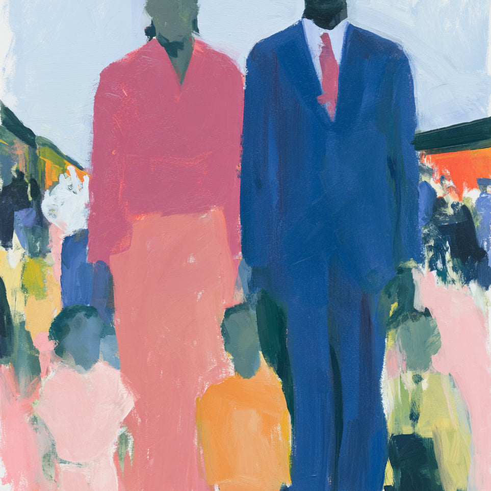 Blue suit beside coral dress