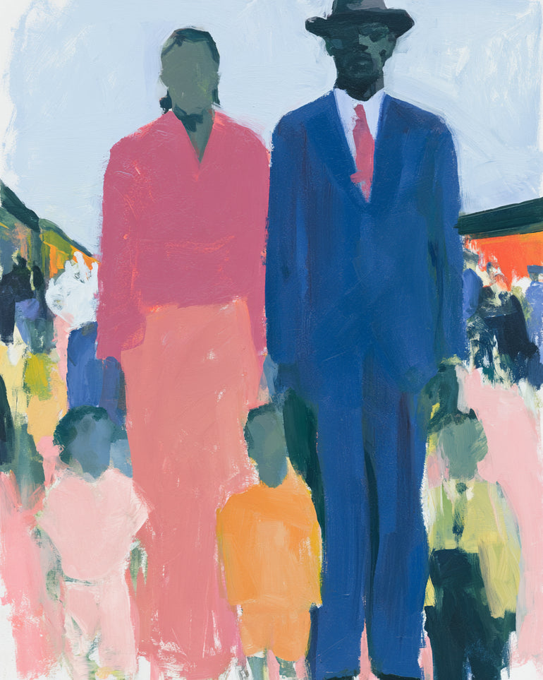 Blue suit beside coral dress