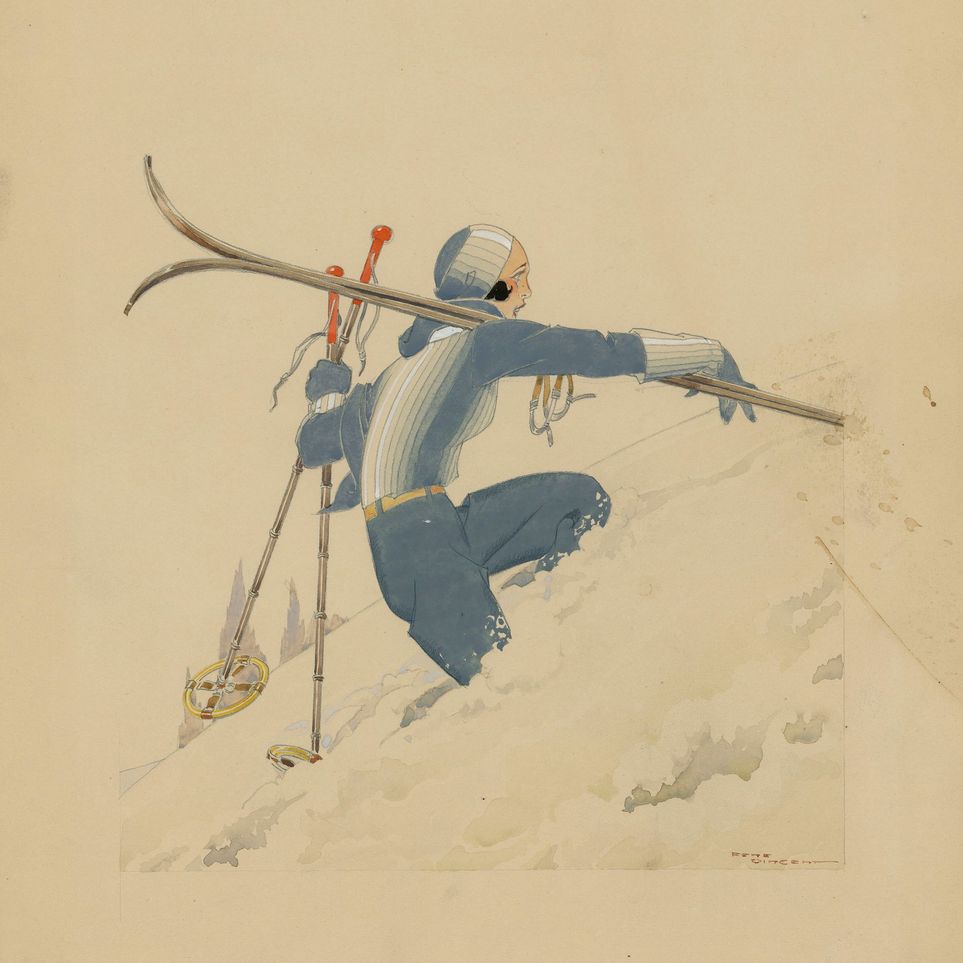 Blue skier in pale snow