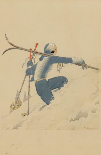 Blue skier in pale snow