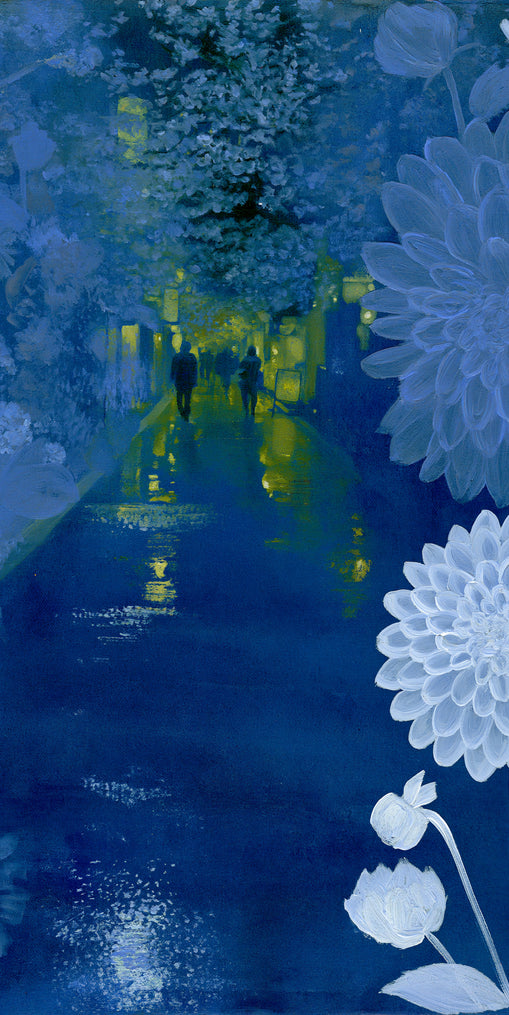Two walkers under giant flowers