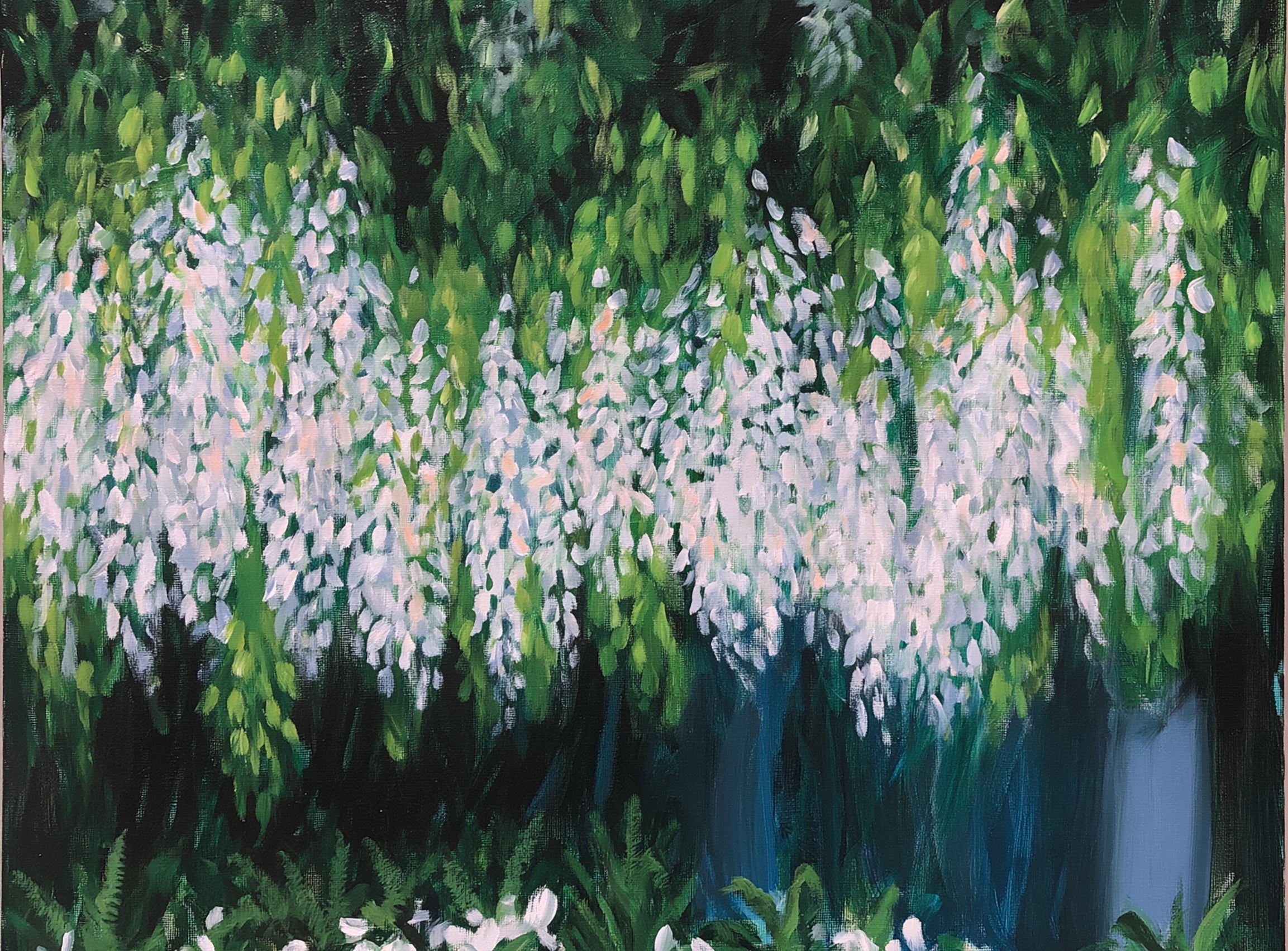Pale blossoms in green shade