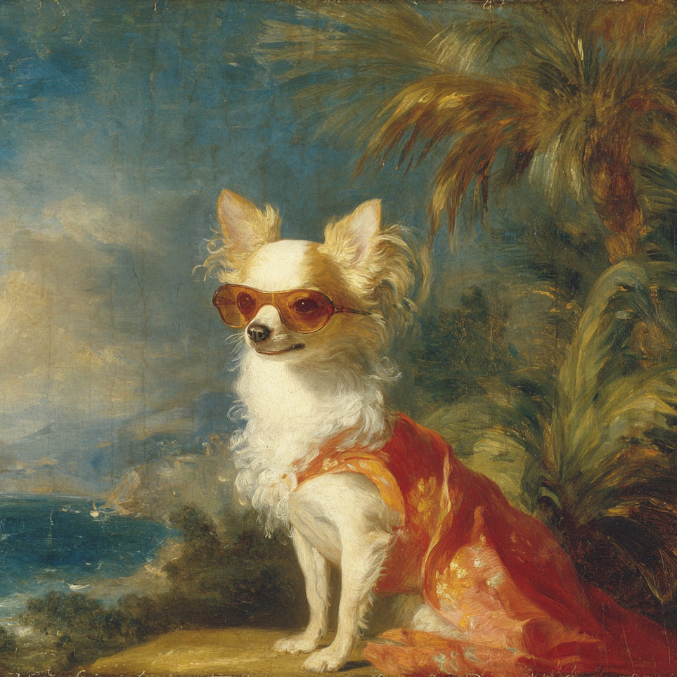Sunglasses on the seaside dog