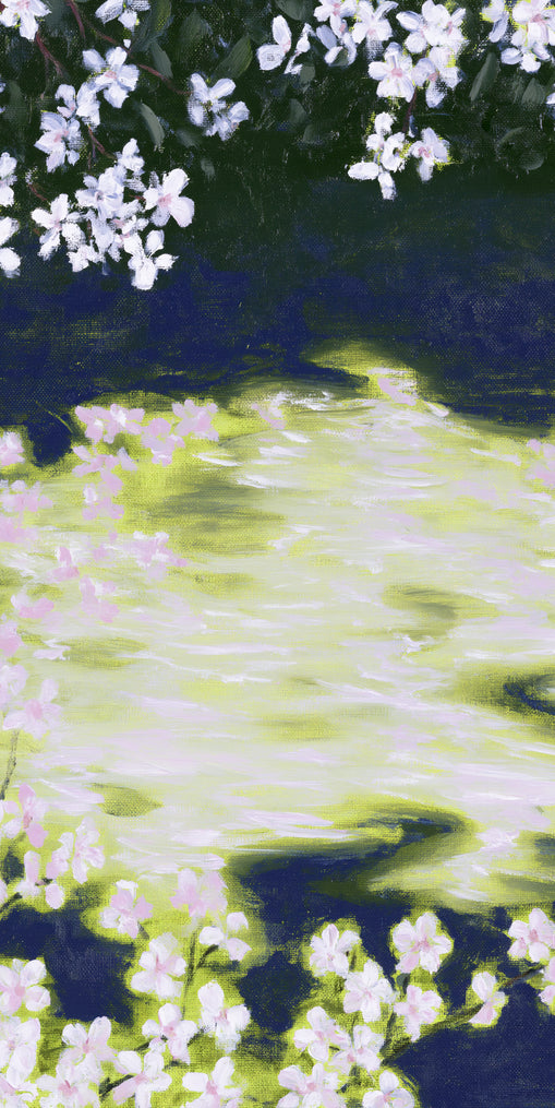 Petals crossing the bright water