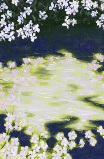Petals crossing the bright water