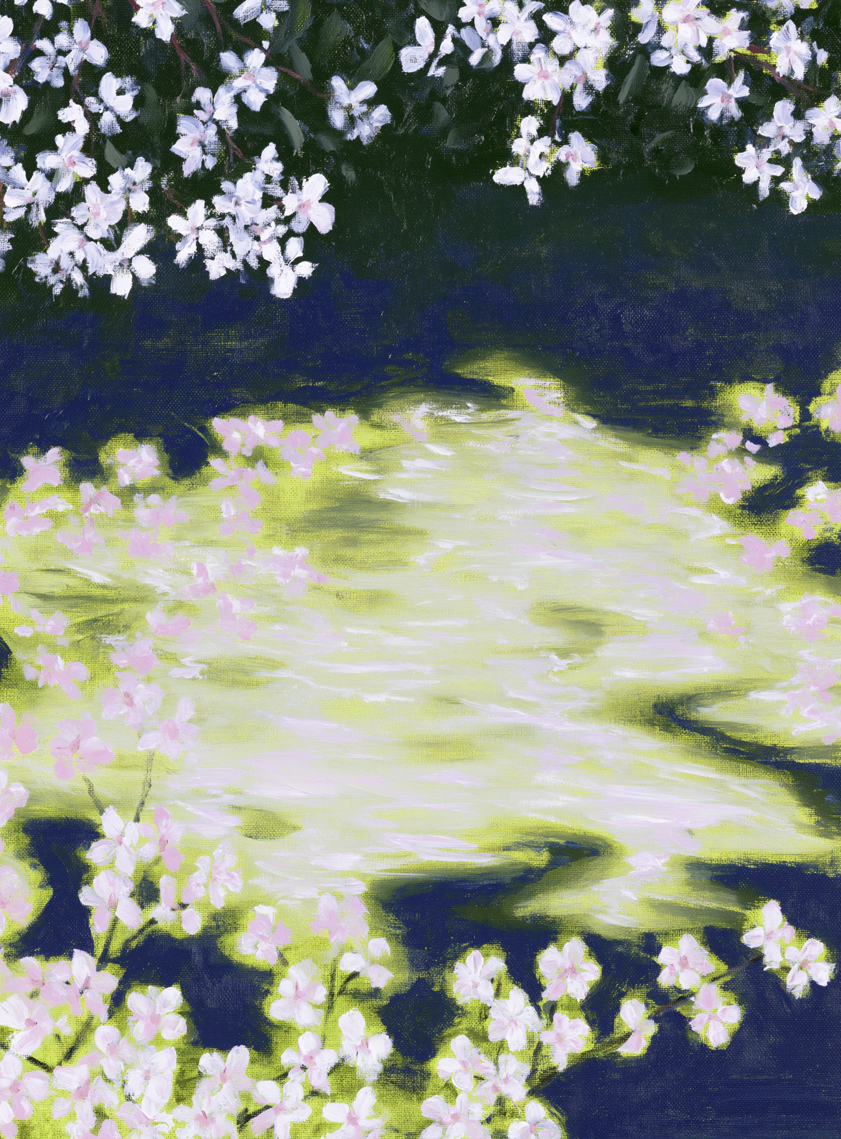 Petals crossing the bright water