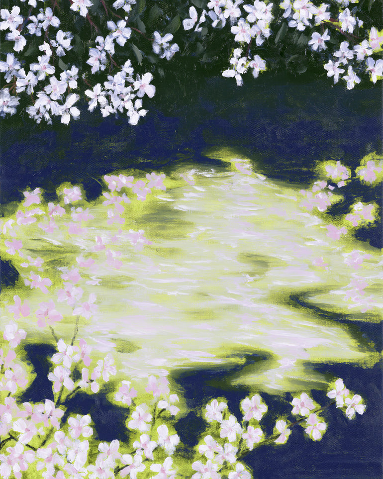 Petals crossing the bright water