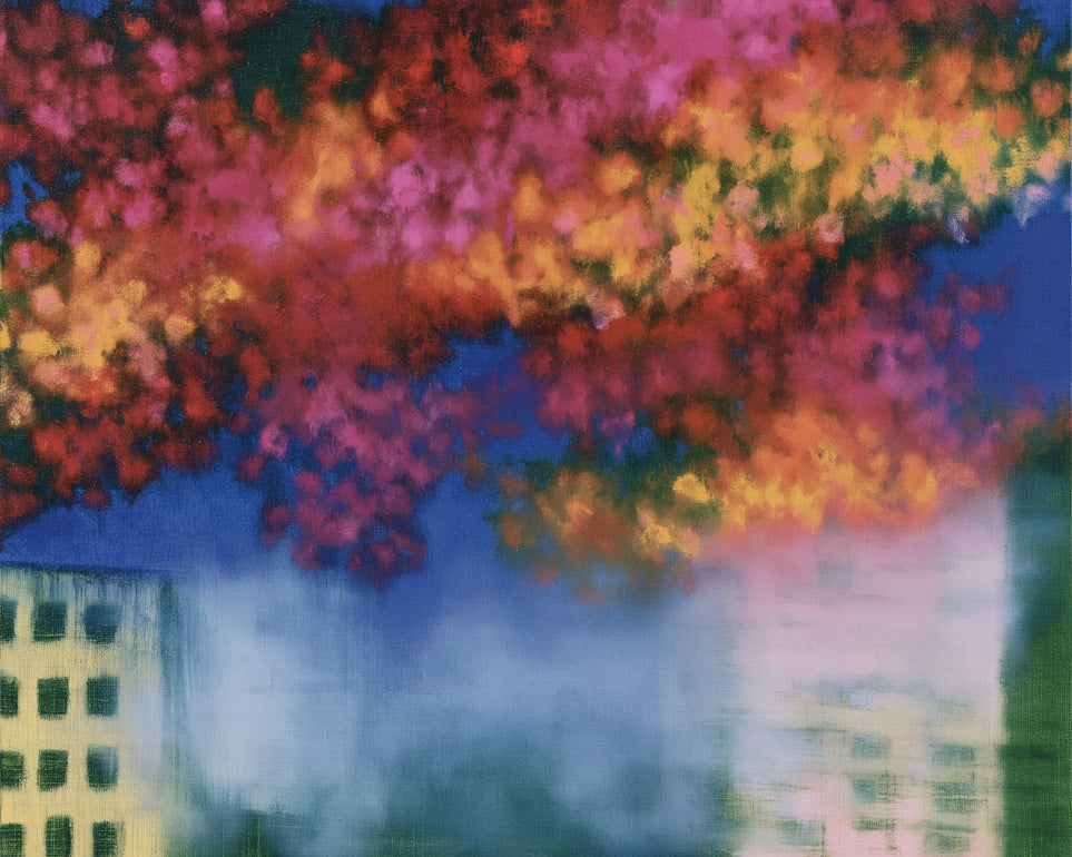 Trees above blurred windows