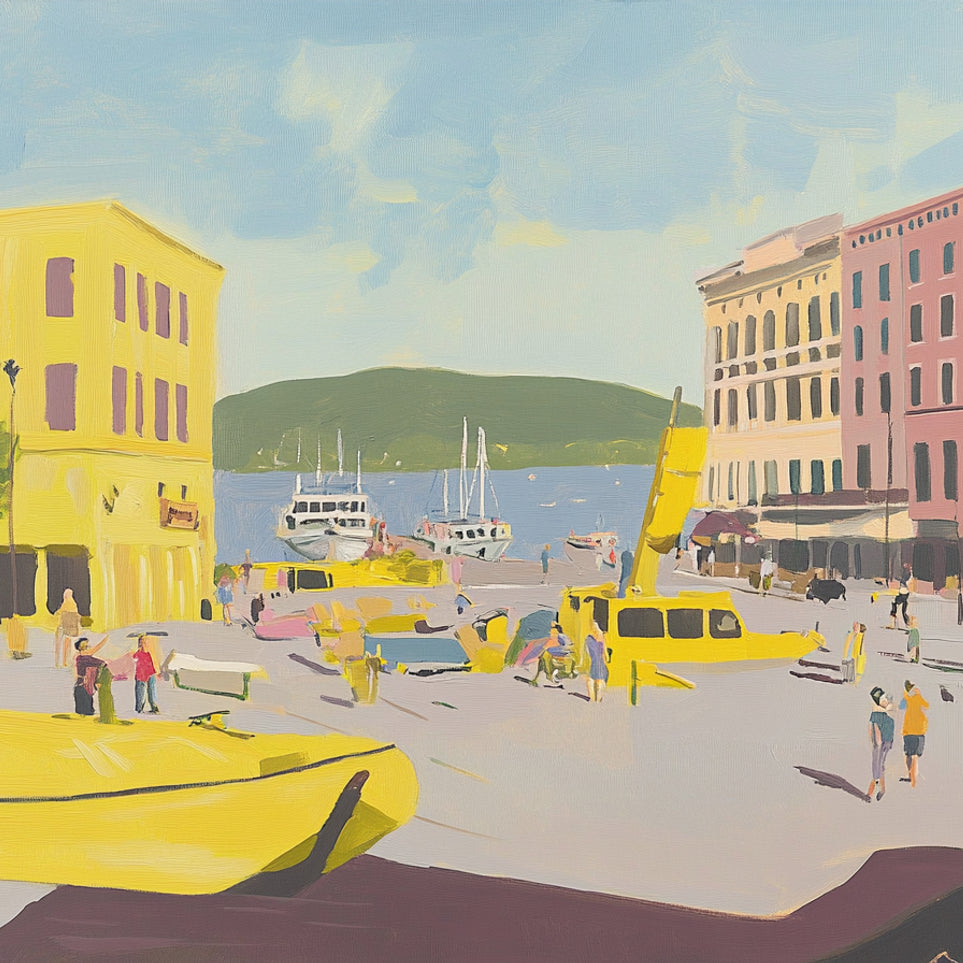Yellow boats among pastel buildings