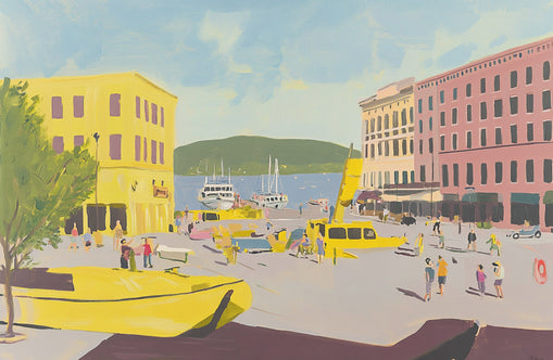 Yellow boats among pastel buildings
