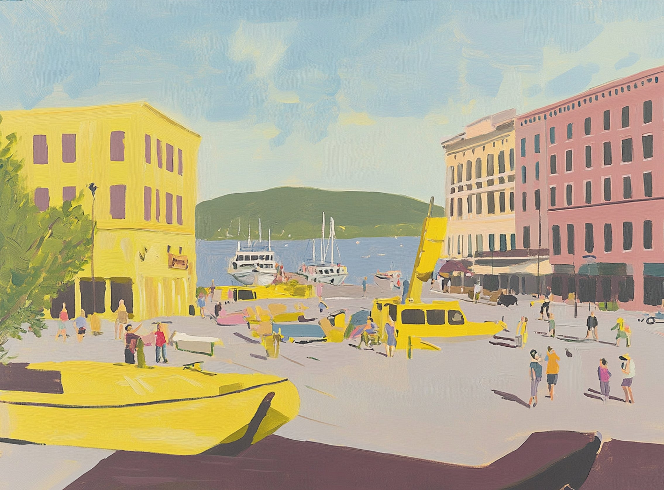 Yellow boats among pastel buildings