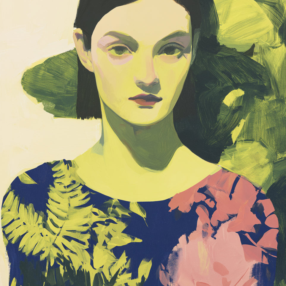 Green leaves behind her portrait