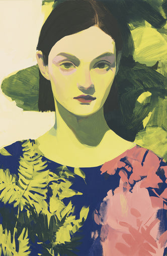 Green leaves behind her portrait