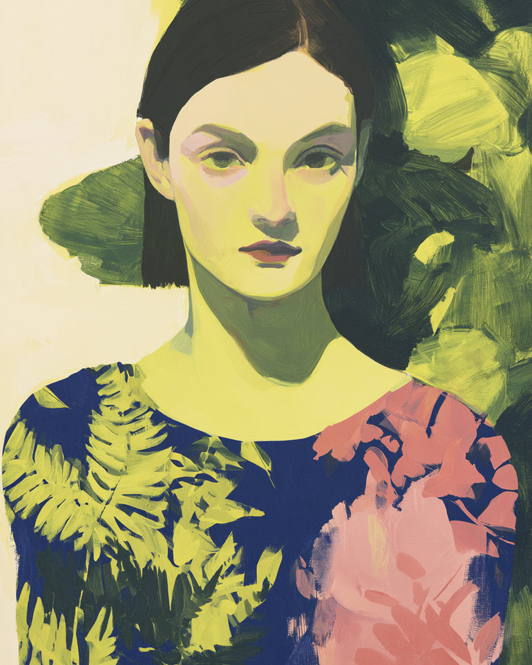 Green leaves behind her portrait