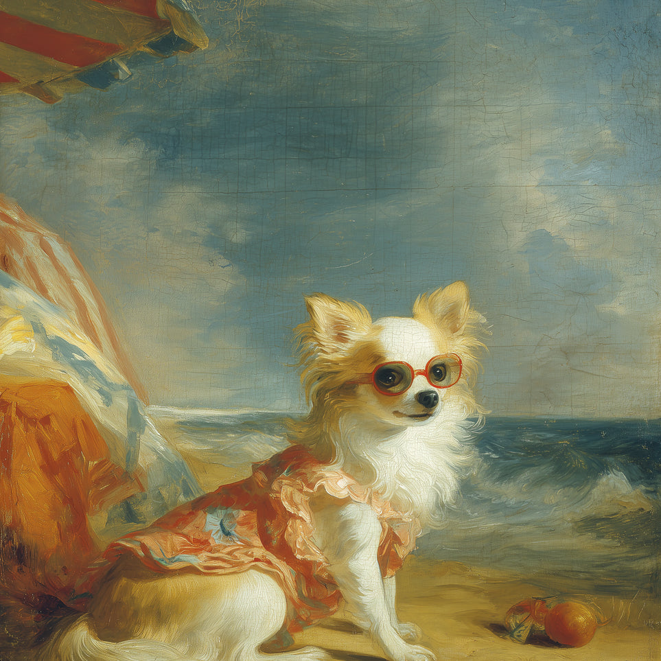 Seaside dog in red sunglasses