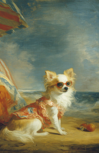 Seaside dog in red sunglasses