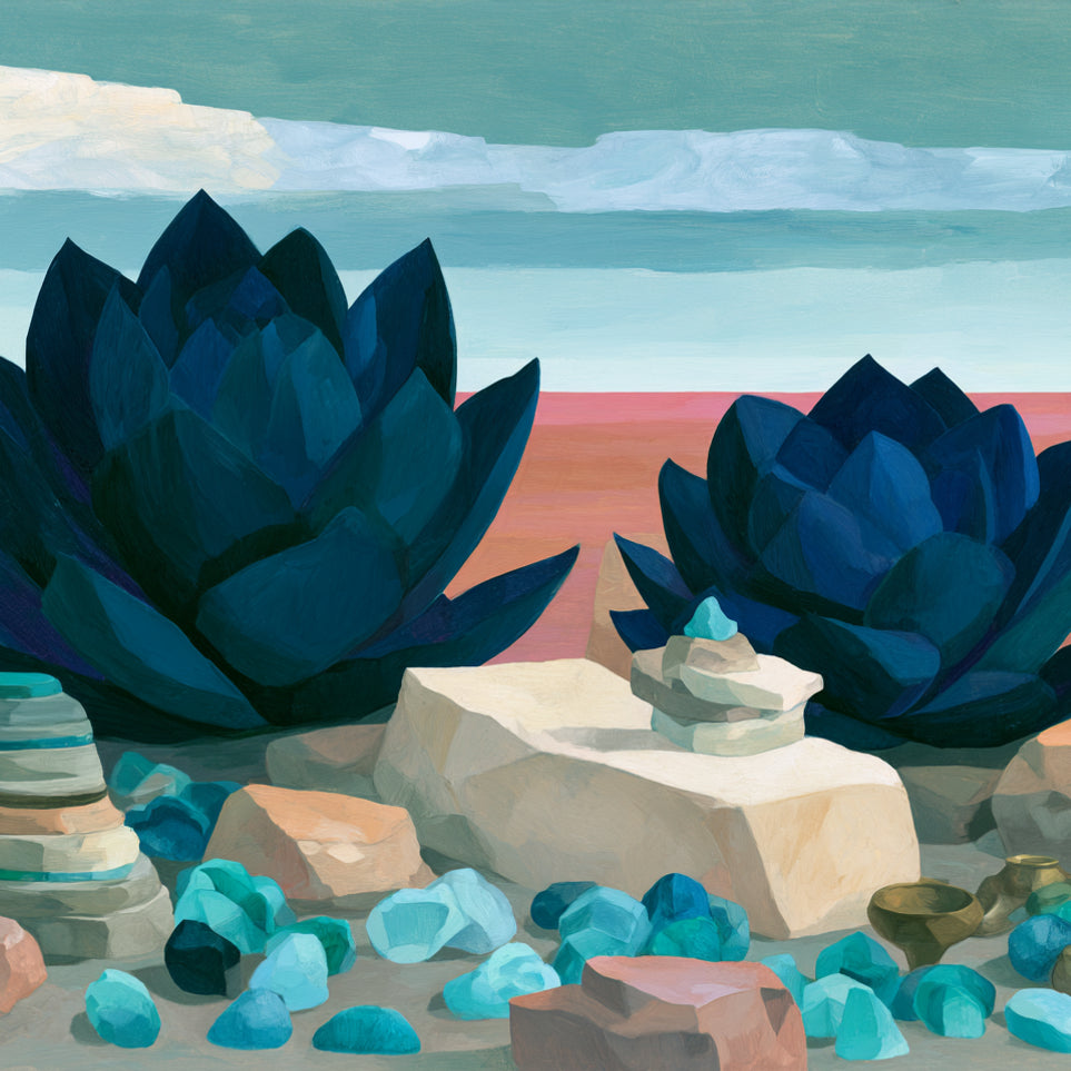Deep blue blooms on coral ground