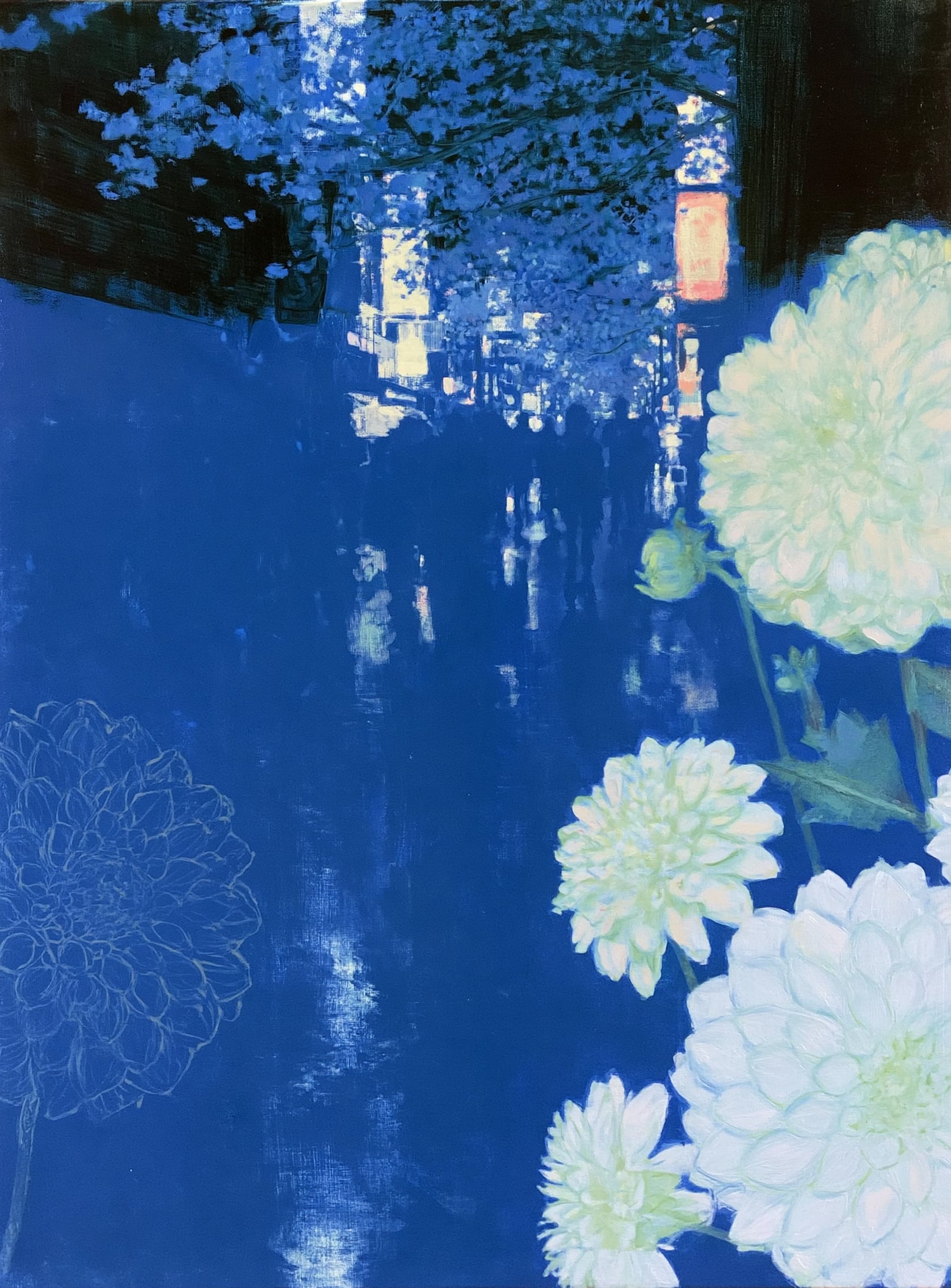 White blooms on blue canal