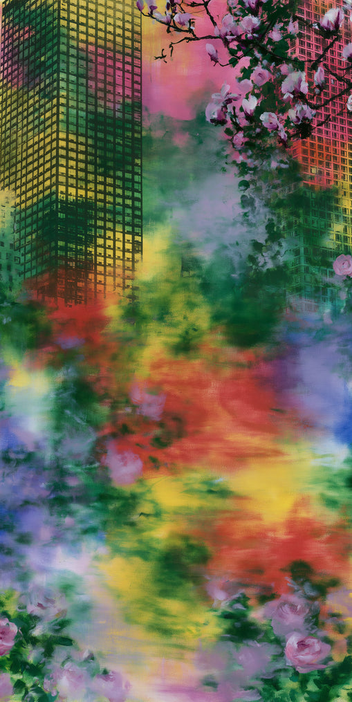Blossoms over rainbow glass