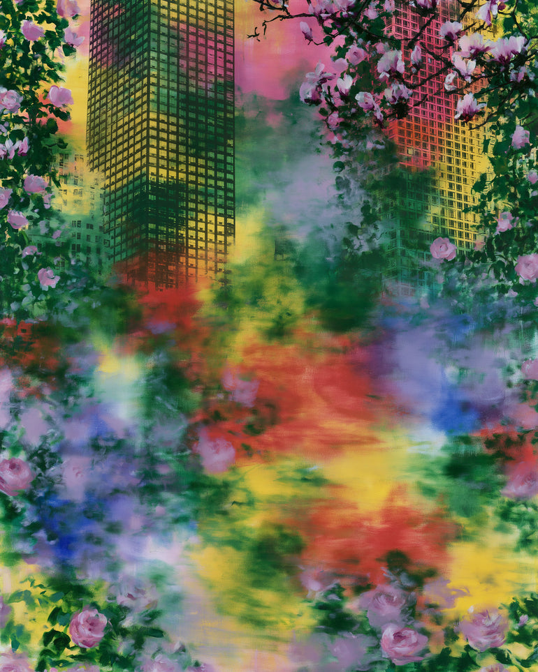 Blossoms over rainbow glass